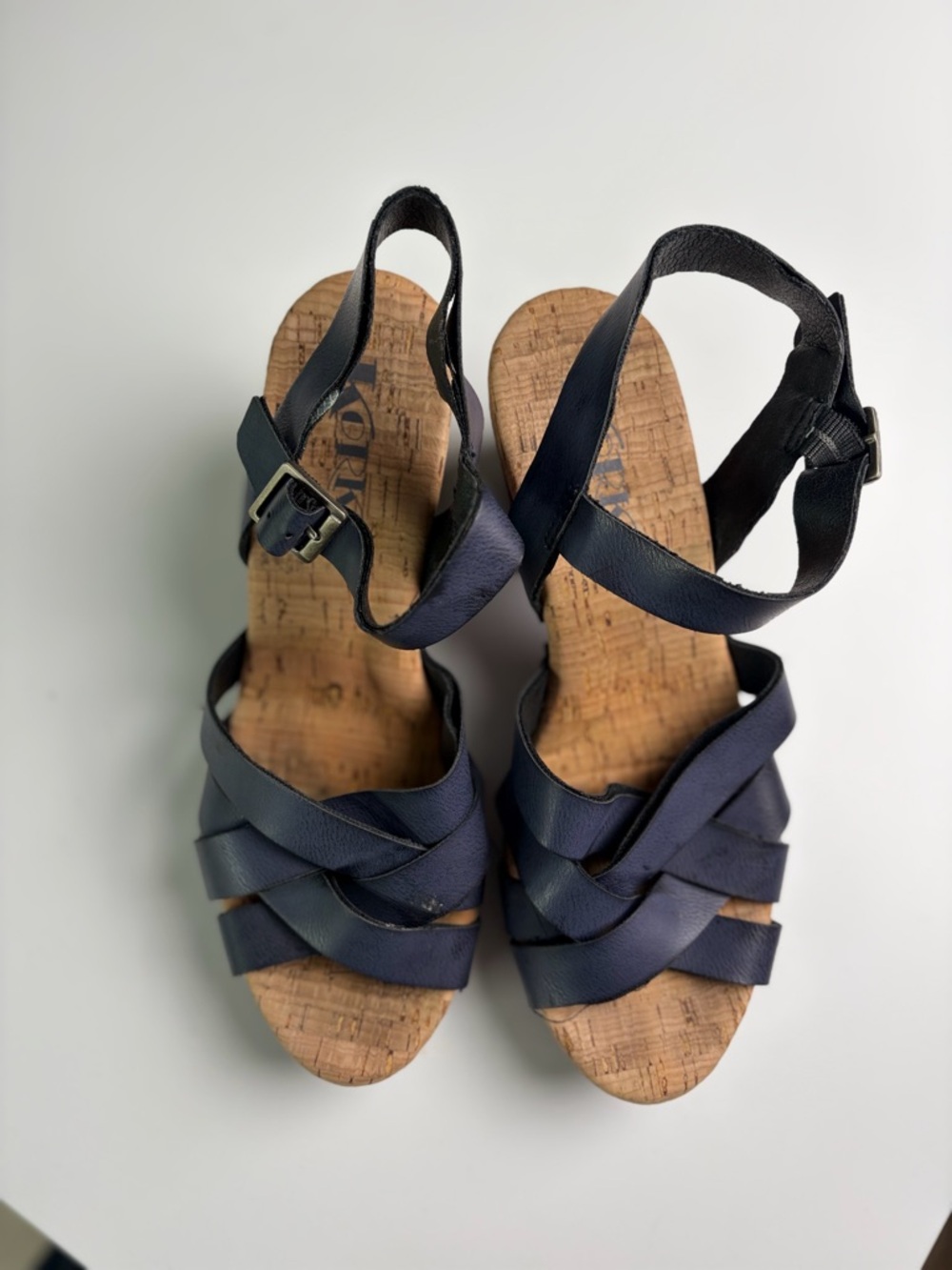 Kork-Ease Navy Leather Strappy Wedge Sandals size 7 - Picture 3 of 5
